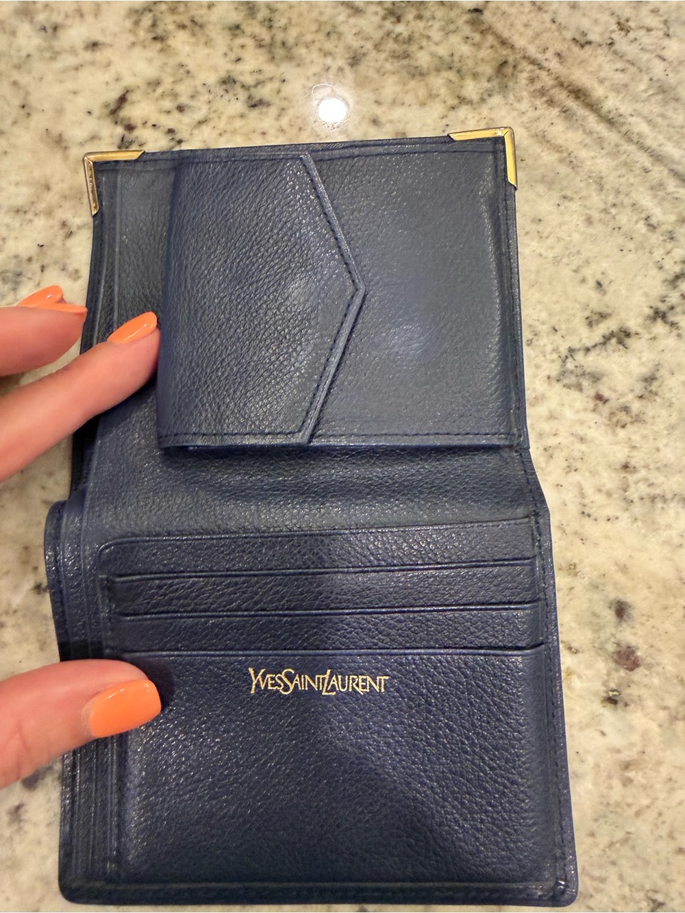 Yves Saint Laurent Navy Blue Leather Bifold Wallet with Gold Corners - Picture 7 of 11